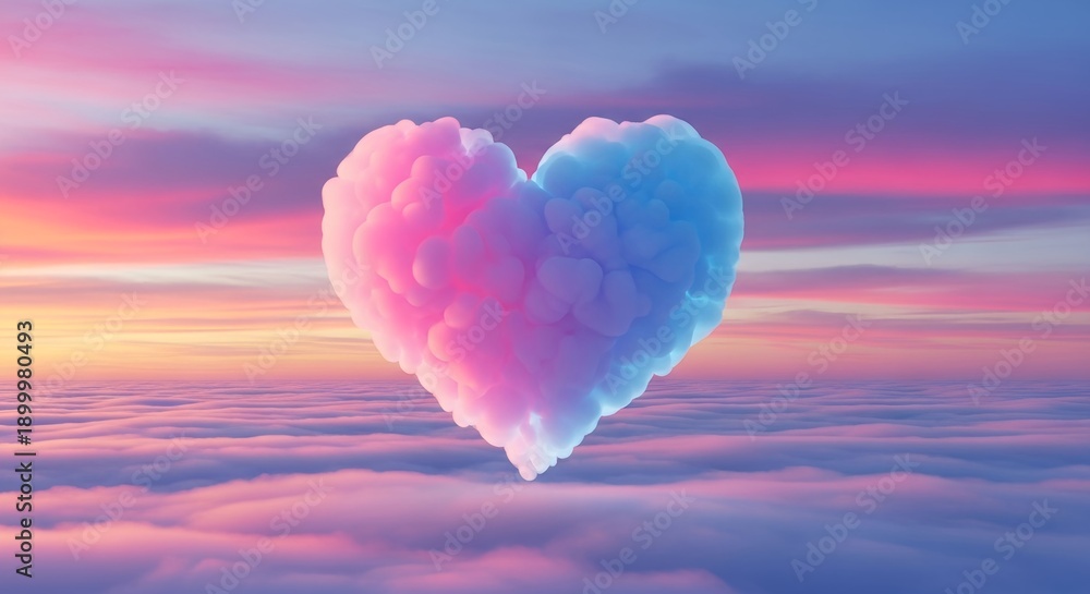 Fototapeta premium Dreamy cloud heart floats above vibrant pink and blue sunset horizon