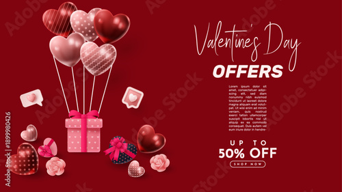 Valentine’s Day Sale Banner with Red Hearts, happy valentines day background vector illustration eps, valentine discount banner, promotional banner, sale banner