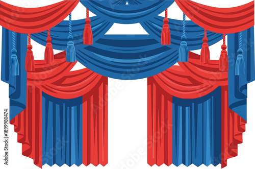 Rich red and blue draped theater curtains feature matching decorative tassels hanging symmetrically above an opening.