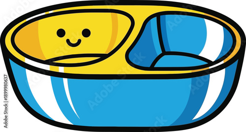 A colorful cartoon food tray with two compartments features a happy smiling face in the yellow section against a blue bowl.