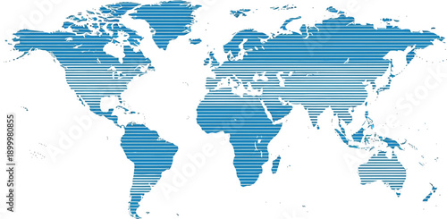 A stylized world map displays continents using blue halftone dots fading outward from the center for a digital texture effect.