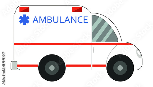 An ambulance vehicle with red lights and a blue star symbol