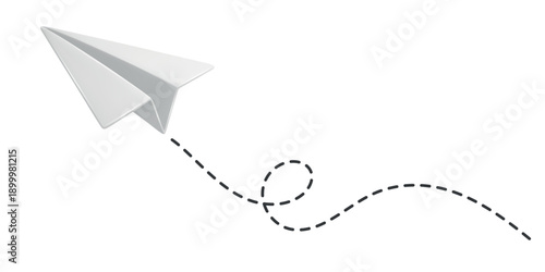 White Paper Airplane Icon, Vector Illustration. Flying Paper Plane with Dotted Line Trail. Email, Message Symbol. 3d White Paper Airplane, Isolated