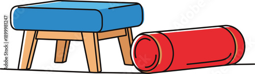 Gymnastics equipment includes a low blue padded vaulting box next to a red floor cylinder mat for exercise.