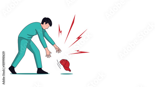 Man Bending Down Suddenly Drops Hat Due to Acute Back Pain or Muscle Strain. Warning Sign of Lumbago and Spinal Injury.