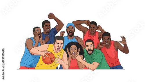 Intense Diverse Sports Fans Reacting: Vector Cartoon Illustration of Excited Basketball Spectators Cheering, Shouting, and Showing Extreme Game Day Emotion.