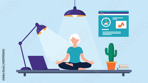 Calm woman meditating in a lotus position on her office desk next to a laptop and a plant, promoting mindfulness and work-life balance.