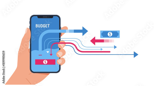 Mobile Budget App Vector Illustration. Hand Holding Smartphone Showing Income and Expense Financial Flow Arrows for Personal Finance Management and Tracking.