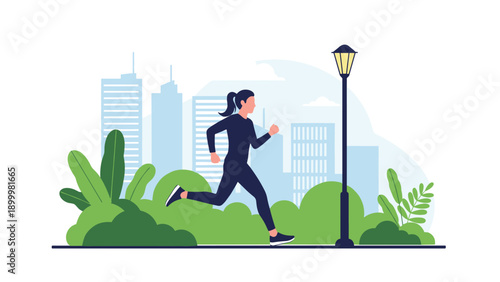 Woman running in a city park with a cityscape of tall buildings in the background, depicting a healthy and active urban lifestyle.