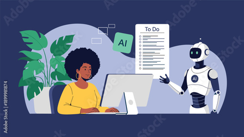Woman working diligently at her computer while a friendly robot assists with a "To Do" list, illustrating AI-powered productivity and assistance.