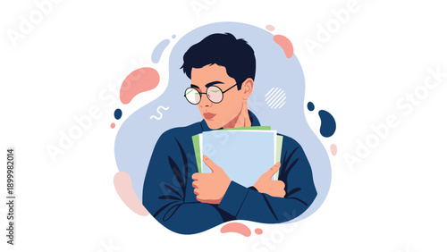 Young man with glasses holding a stack of papers or documents close to his chest, with abstract shapes in the background, symbolizing importance or confidentiality.