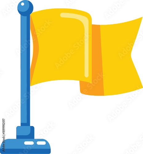 Bright yellow flag waves proudly from a sturdy blue flagpole base and pole.