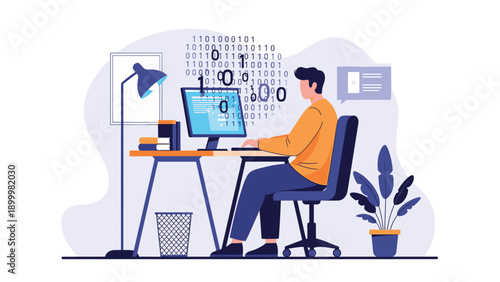 Man working diligently on a computer with binary code flowing above, symbolizing software development, programming, and digital technology.