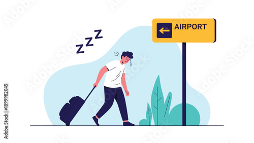 Exhausted man with a suitcase, yawning and sleep-deprived, walking towards an "Airport" sign, depicting travel fatigue and long journeys.