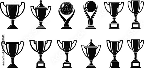Trophy cup silhouettes vector set featuring award prizes, championship trophies, winners symbols, sports competition icons, isolated black collection