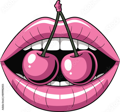 Cartoon illustration of open mouth with pink lips and two cherries between teeth  smiling face with teeth and fruit