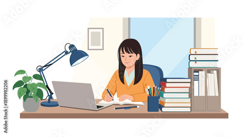 Diligent woman studying or working at a tidy desk with a laptop, numerous books, and a lamp, depicting focused learning and academic pursuit.