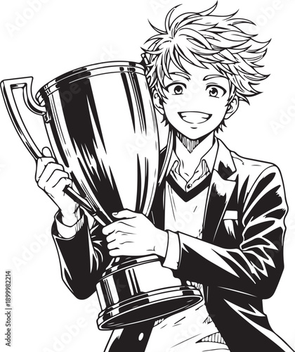 Detective boy searching with magnifier glass, mystery line art