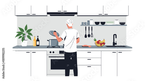 Man cooking in a modern, minimalistic kitchen, stirring a pot on the stove, surrounded by clean countertops and kitchen utensils.