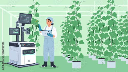 Technologist monitoring automated farming equipment in greenhouse
