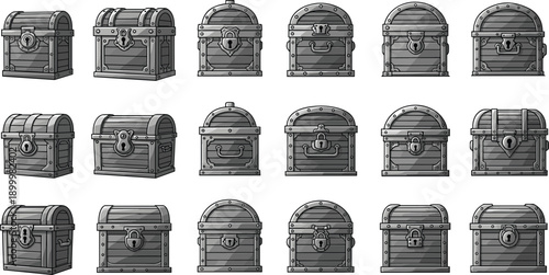 Treasure chest icons vector set featuring medieval storage boxes, locked metal trunks, game asset style containers, fantasy illustration collection