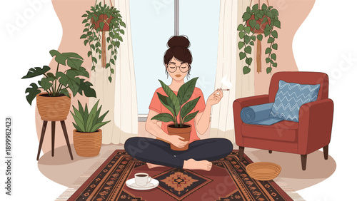 Woman with a bun hairstyle and glasses, holding a houseplant while sitting on a rug and smoking indoors, surrounded by other plants.