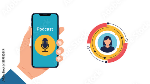 Hand holding a smartphone displaying a podcast application, with a female user profile icon next to it, representing audio content and personal listening.