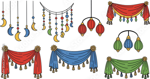 Various ornate fabric drapery swags, hanging lanterns, and crescent moon decorations adorn a festive holiday display.