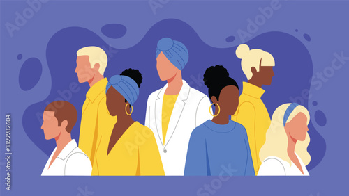 Diverse group of people from various backgrounds and cultures, shown in profile, symbolizing unity in diversity and multicultural representation.