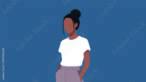 Minimalist portrait of an African American woman with her hair in a bun, wearing a white t-shirt and grey pants, portraying simple elegance.