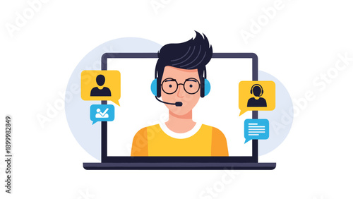 Man with a headset and glasses displayed on a laptop screen, with chat bubbles, representing online customer service, technical support, or virtual communication.