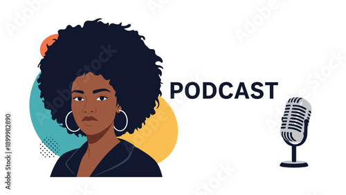 Confident African American woman with curly hair next to a "PODCAST" title and a vintage microphone, representing audio content creation and broadcasting.