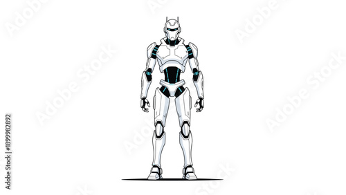 Futuristic white robot with intricate details and a sleek design, standing upright, symbolizing artificial intelligence, technology, and advanced robotics.
