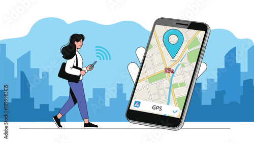 Woman walking in a city, checking her phone for directions, with a large GPS map interface overlaid, symbolizing navigation and urban exploration.