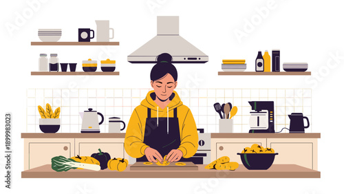 Young woman with a bun hairstyle, wearing an apron, chopping vegetables in a modern kitchen, preparing a healthy meal and enjoying home cooking.