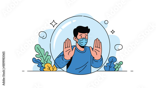 Man wearing a face mask, standing inside a protective bubble, with hands raised, symbolizing social distancing, quarantine, or personal space during a pandemic.