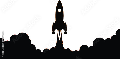 Rocket launching into vibrant orange and red sunset sky