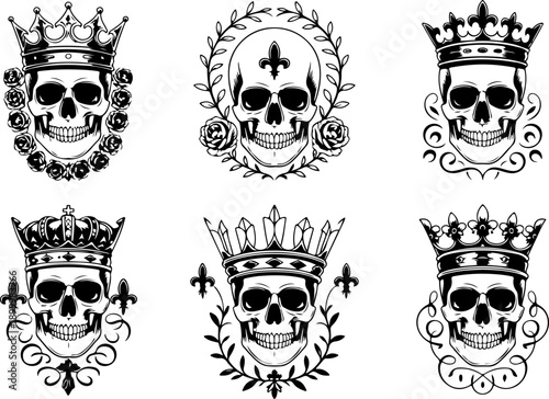 Royal Skull Emblem Vector Set with Crowns and Laurel Wreaths