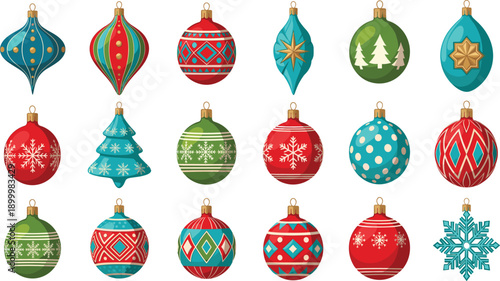 Vintage Christmas bauble vector set with ruby red emerald green and sapphire blue glass ornaments featuring snowflakes and geometric patterns for luxury holiday decor