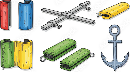 Diverse assortment of industrial components and hardware, including colorful clamps, metal crossbars, zipped sleeves, and a.