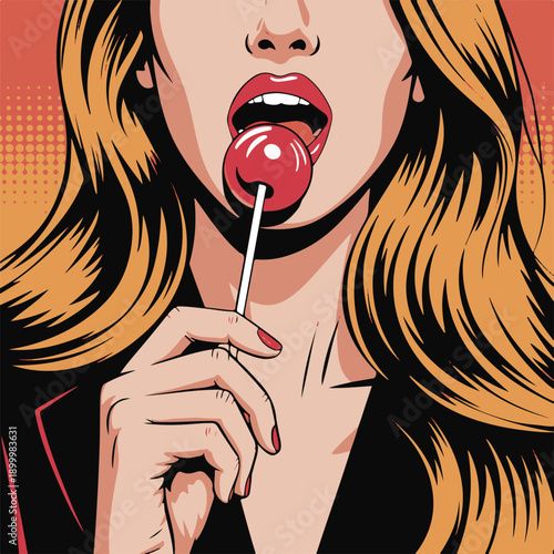 Woman with blonde hair eating red lollipop stick candy pop art style illustration closeup face mouth lips hand holding colorful sweet treat