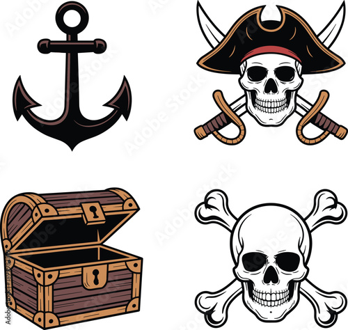 Pirate-themed including an anchor, treasure chest, and skull with crossed bones