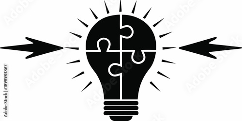 A black silhouette of a lightbulb composed of puzzle pieces