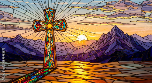 Stained glass mosaic with cross and mountain landscape. Religious symbol of faith, hope and spirituality.