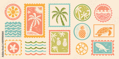 Vintage style travel stamps featuring tropical scenes and elements