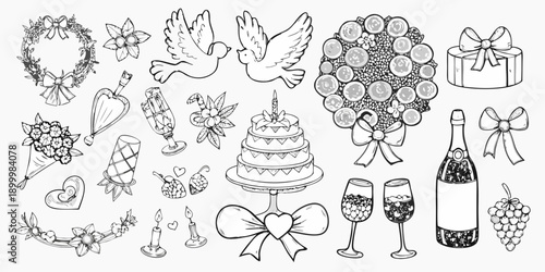 Doodle set featuring wedding elements like doves cake and floral arrangements