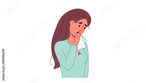 A woman blowing her nose into a tissue with a sick expression