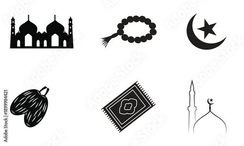Ramadan islamic icon set, crescent moon ,mosque prayer mat, iftar eid black silhouette vector design illustration symbols