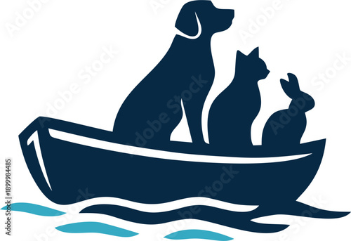Illustration of Dog, Rabbit and Cat on a blue boat