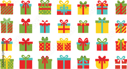 Colorful Christmas gift box vector set with assorted holiday presents featuring stripes polka dots and festive bows for seasonal retail marketing or winter greeting card design
